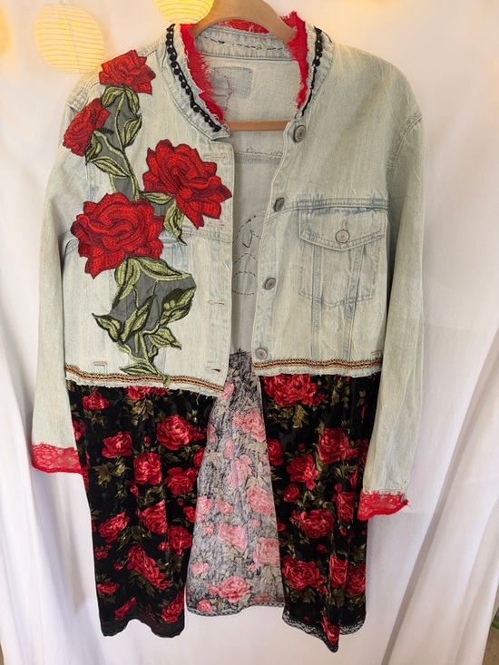no brand Jackets & Blazers - Embroidered Rose Denim Jacket with Floral Panel